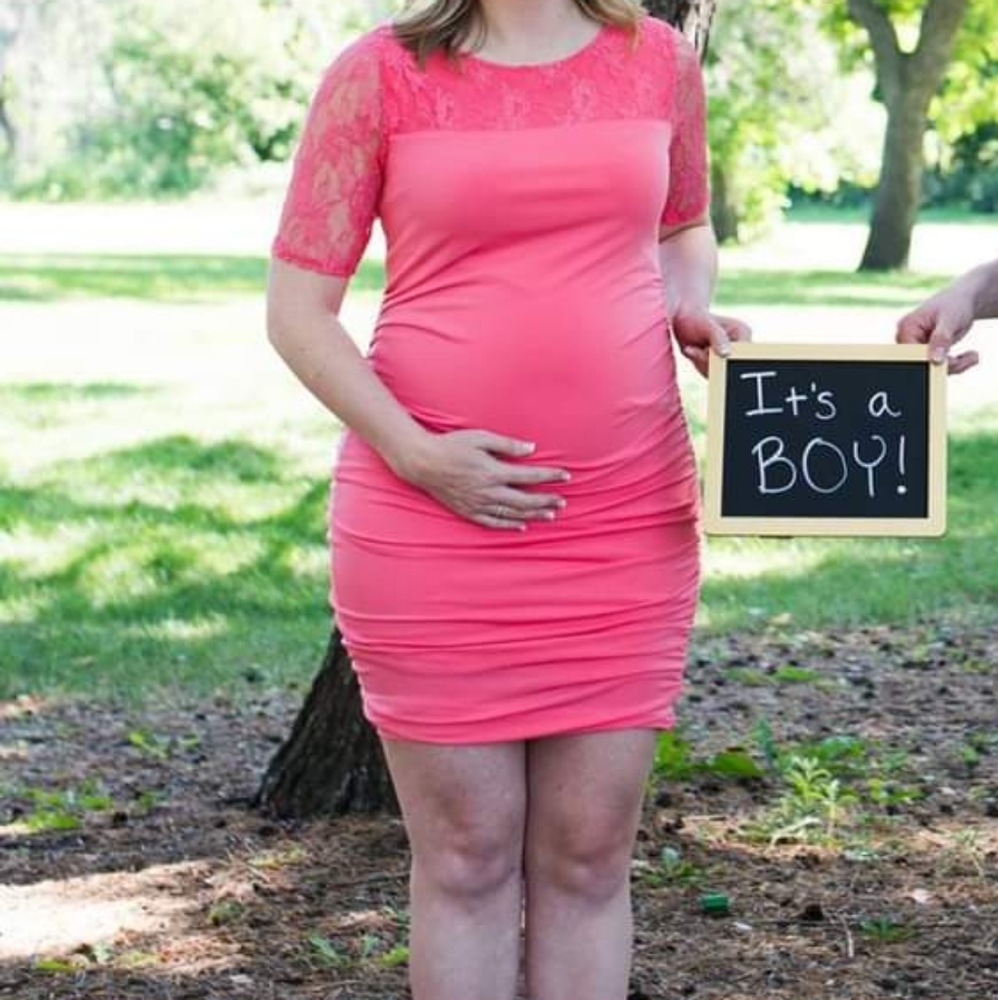 Motherhood Maternity; Pink lace sleeved dress - medium